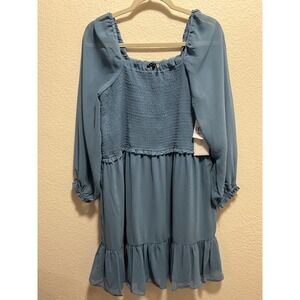 1 STATE Blue Smocked Square Neck Long Sleeve Ruffle Tiered Dress 1X